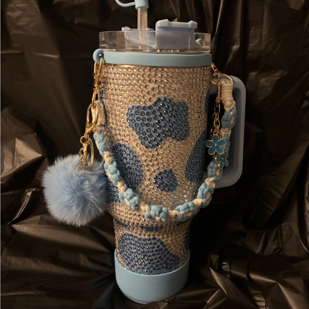 Blue Cow Print Rhinestone Tumbler with Handle